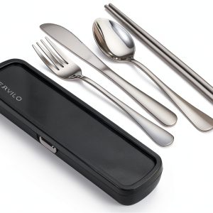 Travel Utensils ERVILO Steel Cutlery Set with Snap-Lock Case Black-0