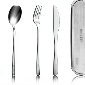 Travel Cutlery Set INKULEER 18-8 Stainless Steel Portable Metal Case-0