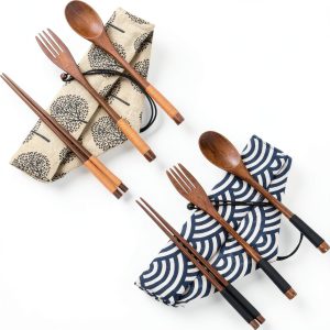 Wooden Utensil Set by Tatuo 2 Set Portable Flatware with Pouch-0