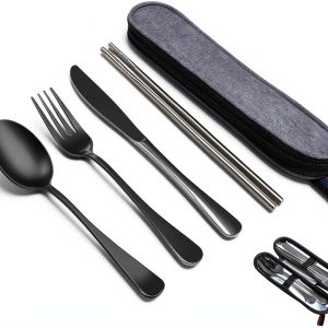Reusable Travel Utensils Set GuoluvSoo Steel Flatware Carry Case-0